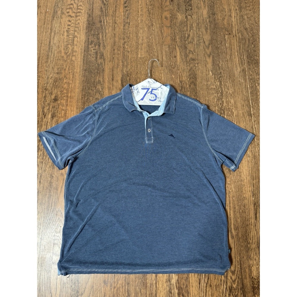 Tommy Bahama XXL Blue Striped Polo Shirt Mens Short Sleeve Marlin Logo Casual
